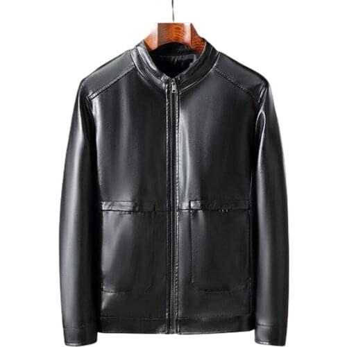 Zipper Fashion Street Rock Closed Mens Jacket Stand Collar Faux Leather Solid Color Slim Motorcycle Jacket Leather Jacket
