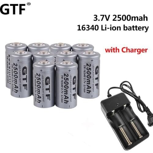 CR123A 16340 Battery 2500mAh 3.7V Li-ion Rechargeable Battery for Laser Pen LED Flashlight with 16340 Lithium Battery Charger EU