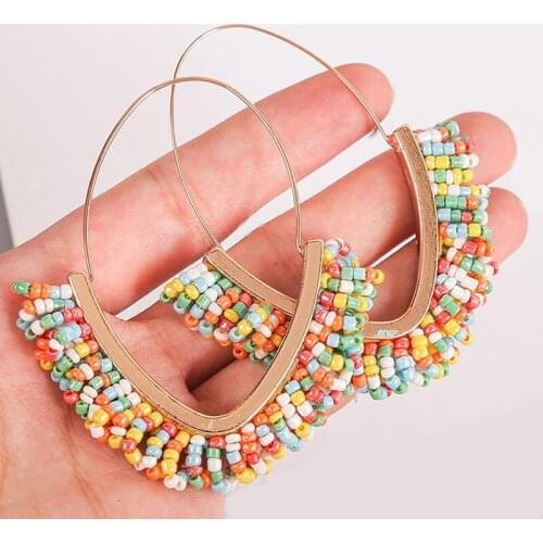 Fashion Bohemian Earring Ethnic Handmade Beaded Tassel Drop Earrings For Women Trendy Gold Metal V Shape Big Statement Earring