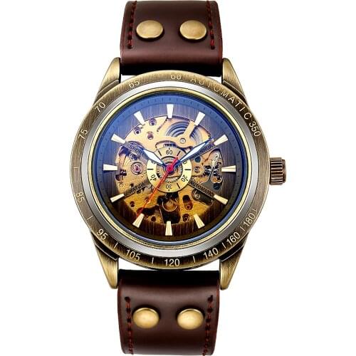 Fashion Vintage Bronze Skeleton Watches Men Mechanical Watches Steampunk Automatic Watches Man Clock montre homme SHENHUA