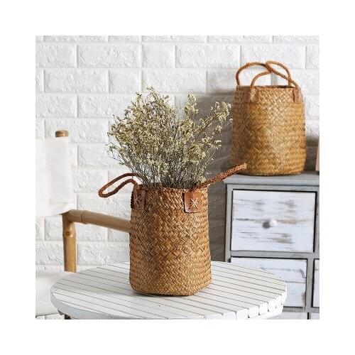 Natural Straw Weave Handle Storage Basket Creative Flower Pot Cover Packaging Box Country Gift Garden Flower Home Decor