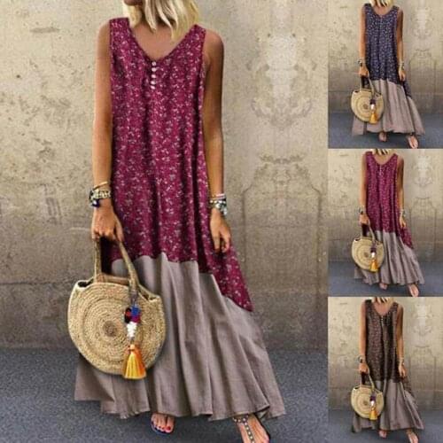 New Summer Women Bohemia Floral Print V-Neck Button Patchwork Sleeveless Maxi Dress