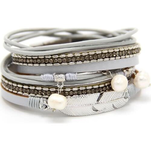 New Braid Leather Bracelet For Women Fashion Magnetic Buckle Multilayer Wrap Pearl Pendant Feather Bracelet Bangle Jewelry Gift