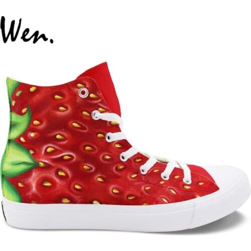 Wen Hand Painted Original Shoes Fruit Strawberry Unisex Design Custom Canvas Boy Girls Sports Sneakers High Top Skate Shoes