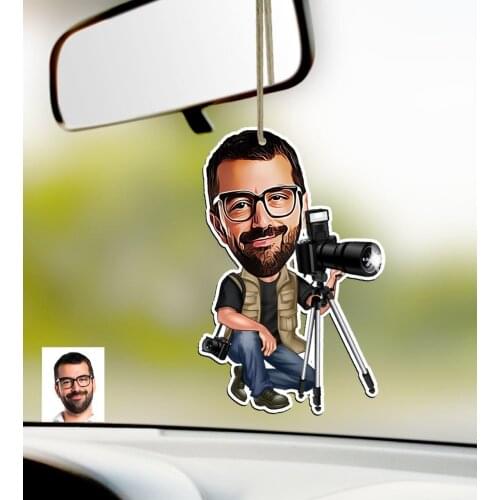 Personalized Mr Professional Photographer Caricature Of Wood Car Rearview Mirror ornament