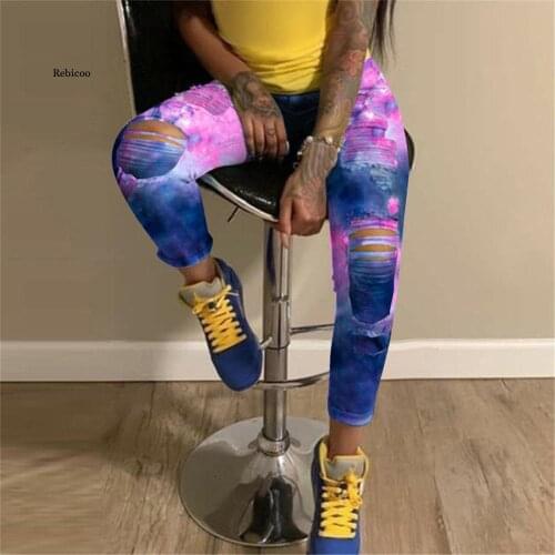 Women Sexy Ripped Jeans Tie Dye High Waisted Jeans Fashion Clothes Plus Size Jeans Denim Pencil Pants Trouser