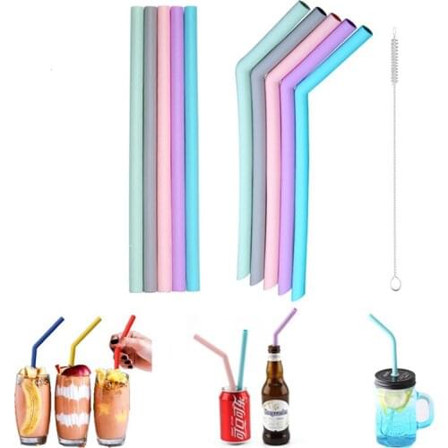 Straight Bent Drinking Straw Bar tools 5 pcs Reusable Food Grade Silicone Straws With Cleaning Brush Set Party Bar accessory