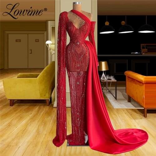 Lowime Red Handade Beaded Luxury Muslim Evening Dresses Abendkleider 2021 Mermaid Long Sleeve Party Gown Arabic Dubai Prom Dress