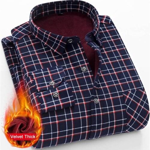 Winter warm men shirts plus size 5xl velvet thick fashion print plaid office shirt long sleeve male brand shirt man dress shirt
