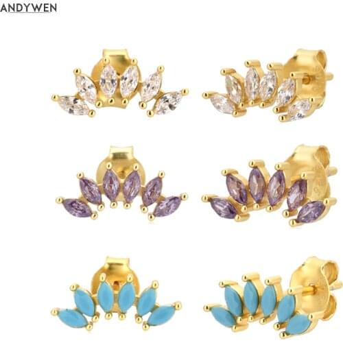 ANDYWEN 925 Sterling Silver Gold Purple Turquoise Zircon Stud Earring Rock Punk Piercing Ohrringe Pendientes 2020 Fashion Jewels