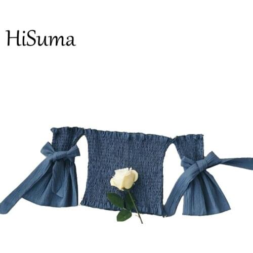 HISUMA Summer Women Slash Neck Half Flare Sleeve Ruffles Shirt Lady Short Elastic Slim Waist Bandage Lace Up Chiffon Blouse Tops