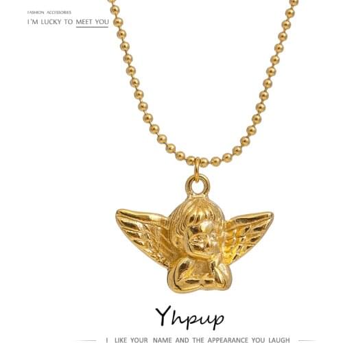 Yhpup Stainless Steel Angel Pendant Necklace Chain for Women Waterproof Jewelry Trendy Metal 18 K Collar Gold Neckalce Gift