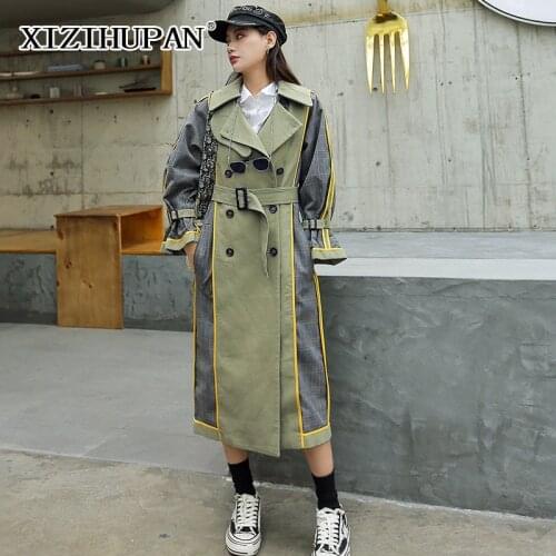 XIZIHUPAN Patchwork Windbreaker For Women Lapel Long Sleeve High Waist Sashes Hit Color Womens Coats 2021 Korean Style Clothing