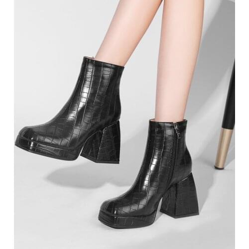 2021 Stone Pattern Pu Leather Women Ankle Boots Platform Chunky High Heel Shoer Boots Winter Zipper Square Toe Womans Boots