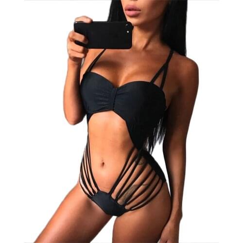 Womans Sexy Hollowed-out One-piece Swimsuit Solid Color Lace-up Pleated Backless Elastic Slim Sling Bikini Beachwear