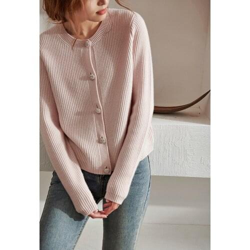 21 early spring new round neck Pink White Korean knitted sweater double ply thickened wool cashmere knitted cardigan for women