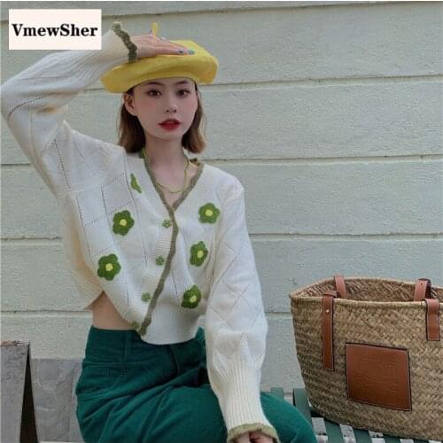 VmewSher New Cute Cardigan Women Sweater Flower V-Neck Knitted Spring Fall Clothes Argyle Casual Single Breasted Vintage Tops