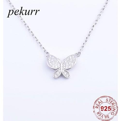 Pekurr 925 Sterling Silver Paved Zircon Bead Big Butterfly Necklaces For Women Long Chain Pendants Choker Fashion Jewelry Gift