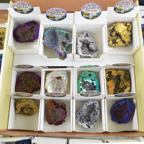 32pcs Boxed Many Color Aura Quartz Geodes Beads Blue Rainbow Silver Gold Natural Crystal Druzy Stone For Pendant Making