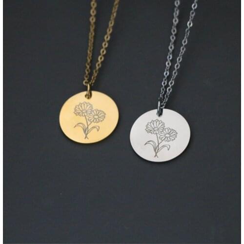 Simple Stainless Steel Flower Plant Carved Pendant Necklaces for Women Cute Gold Color Chain Round Tag Choker Jewelry