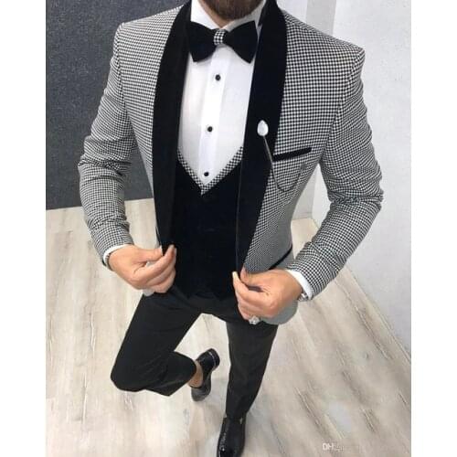Elegant 3 Piece Men Suits 2019 Morning Dinner Party Prom Suit Houndstooth Groom Wedding Men Suit Blazer Slim Fit Best Man Tuxedo