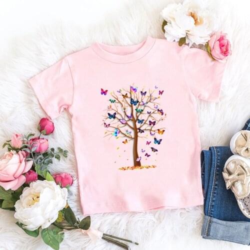 Magic Butterfly Tree Print Tshirt For Girls Kids Tops Summer Casual Baby Clothes Pink Cotton Short Sleeve Children T-shirt