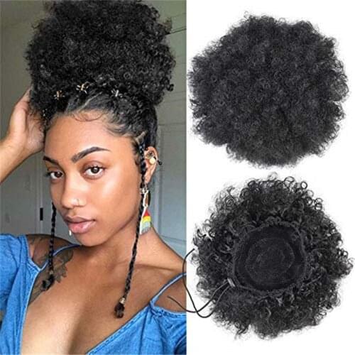 Kong&Li Synthetic Short Afro Kinky Hair Bun High Temperature Drawstring PonyTail Clip in Hair Extension on Puff Hair Bun