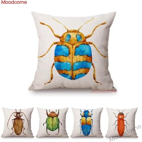 Colorful Watercolor Insects Beatle longhorn Bug Cute Sofa Throw Pillow Case Nordic Children Room Decoration Linen Cushion Cover