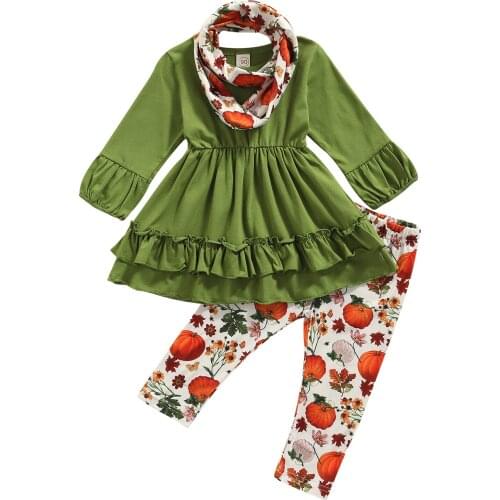 2021 0-4Y Halloween Kids Baby Girl Clothing Green Solid Long Sleeve Pleated Dress+Pumpkin Print Pants+Scarf Costume 3pcs Set