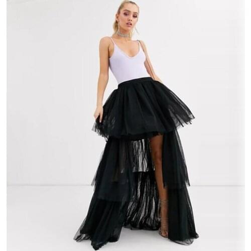 Mujer Faldas 2021 Black High Low Women Tulle Skirts Ruffles Tiered Long Women Skirts Zipper Fashion Tutu Maxi Skirt