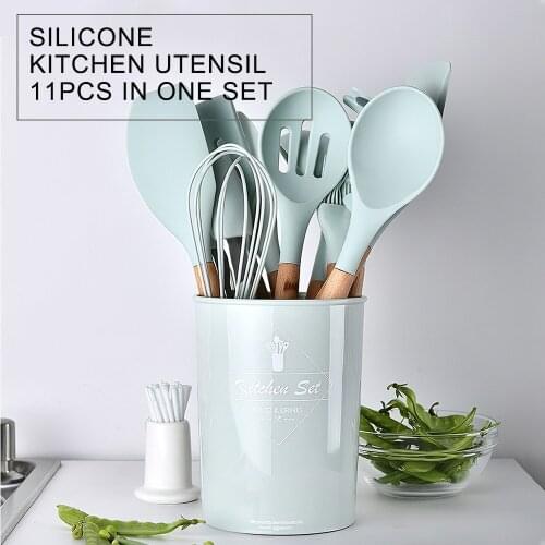 Kitchen Utensils Set 11Pcs Silicone Non-stick Barreled Cooking Utensils Set Silica Gel Utensil Wooden Handle Kitchenware Set