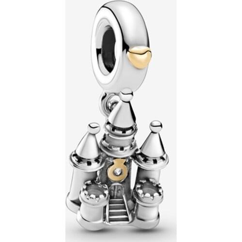 Fit Original Pandora Bracelets Charms 925 Silver Two-tone Castle & Heart Dangle Charm Beads Silver Jewelry Women Berloque Making