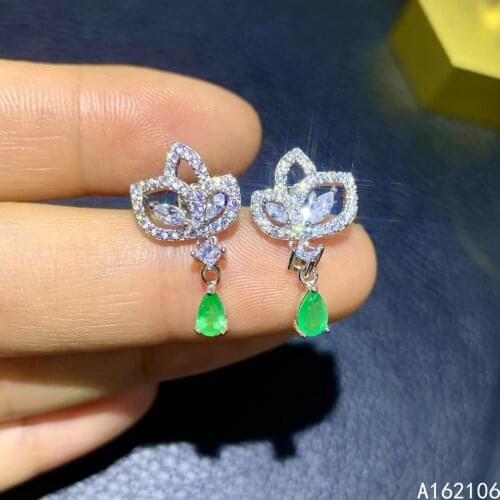Fine Jewelry 925 Pure Silver Chinese Style Natural Emerald Girl Luxury Elegant Plant Water Drop Gem Earrings Ear Stud Support De