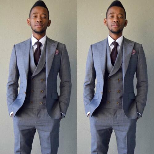Grey Double Breasted Men Suit Slim Fit 3 Piece Tuxedo Custom Prom Groom Suits