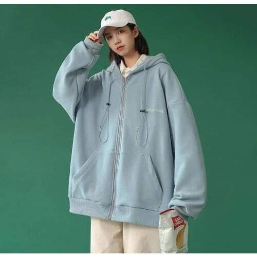 Grey Hip Hop Harajuku Top Solid Color Pocket Jacket Loose Sports Cardigan Hooded Sweater Women 2021 Spring Autumn Zipper Jacket