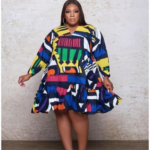 4XL 5XL Loose Fashion Chic Design Printed V-Neck Large Size Dress 2021 New Women Plus Size Clothes Oversized Knee Length Dress