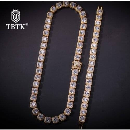 TBTK Bling Beautiful Jewelry Set Necklace&Bracelet Square Iced Out Zircon Stone Fashionable Luxury Jewelry for Man Heavy Style