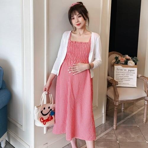 Spring Summer Korean Fashion Plaid Maternity Sundres + Cardigan Set A Line Slim Loose Clothes for Pregnant Women Pregnancy