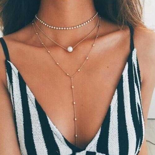 VKME 2020 New Multi Layer Beads Choker Necklaces for Women Sexy Fashion Pendant Vintage Collier Long Crystal Necklace