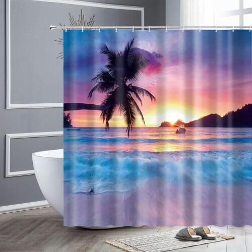 Shower Curtain Sunny Beach Ocean Tropical Plants Sunset Landscape Bathroom Curtains Waterproof Fabric Bathtub Background Decor