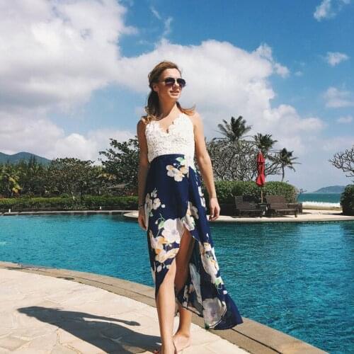 Boho Style Suspender Skirt Sexy Floral Print Sleeveless Asymmetric Long Dress Off The Shoulders V-neck Halter Beach Skirt Women
