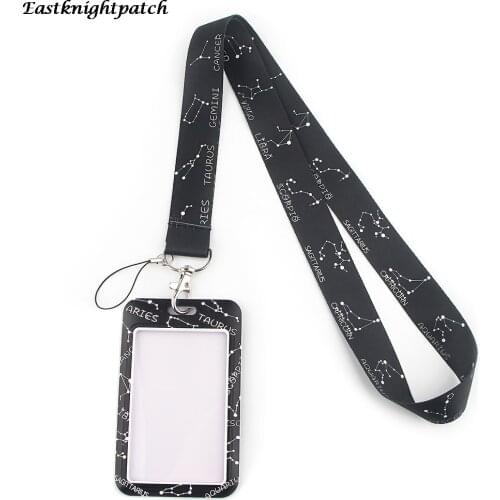 12pcs/lot E2660 Cartoon Constellation Black Lanyard Keychain key Badge ID Mobile Phone Rope Cute Gifts Lanyard With Card Holder