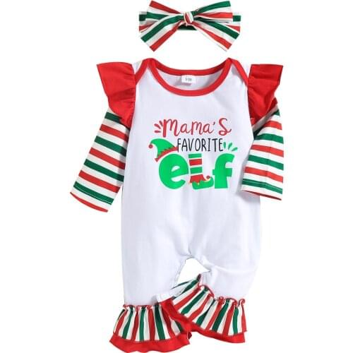 2Pcs Baby Christmas Outfit, Letter Print Stripe O-Neck Long Sleeves Jumpsuit + Headband for Toddlers, Girls, Boys, 0-18 Months