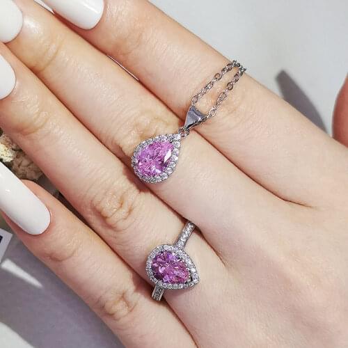 2pcs Pack ForLove Two Gift Real 925 Sterling Silver Pear Engagement Wedding Bridal Jewelry For Brides J5849-pink