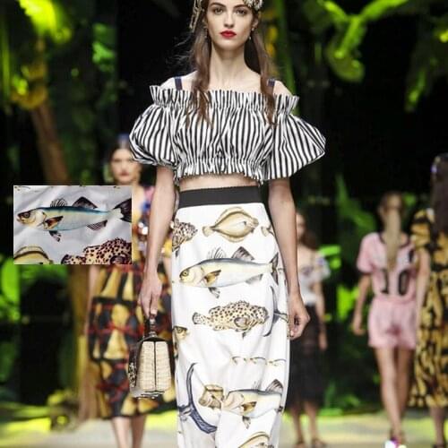 2017 new fashion hot sale digital painting fish emulation silk satin fabric for dress tissu au meter bright cloth DIY wholesale