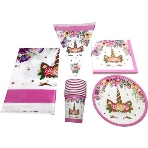 51PCS Baby Shower Unicorn Theme Tablecloth Plates Cups Napkins Flags Decorate Girls Favors Tableware Set Birthday Party Banner