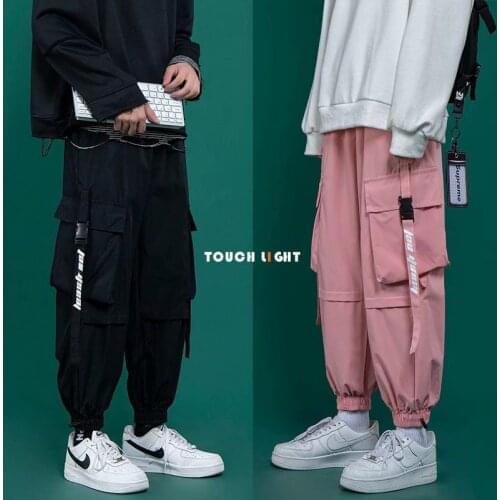 Cotton Cargo Pants Ribbons Pink Casual Trousers High Waist Fashion Pockets Female Harem Pants Streetwear Ladies Joggers Black