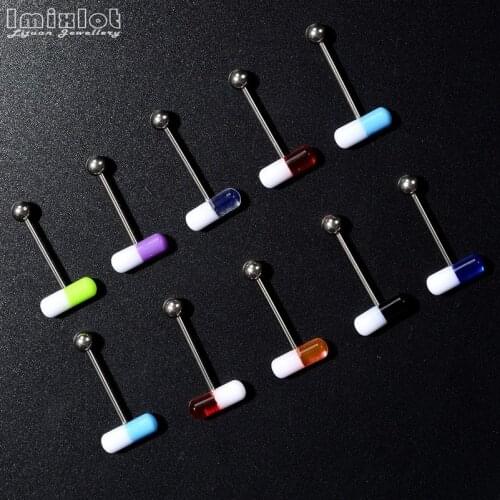 10pcs Stainless Steel Capsule Barbell Tongue Rings Acrylic Pill Nipple Rings Helix Piercing Tongue Lip Ear Piercing Body Jewelry