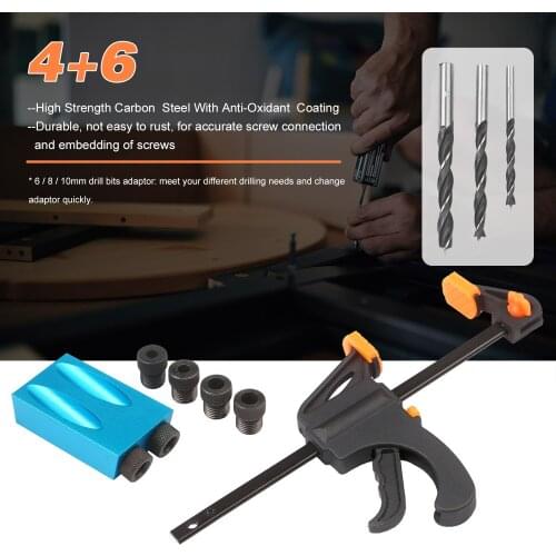 Pocket Hole Jig Kit Angle Drill Guide Woodwoorking Tool Inclined Hole Jig Hole Puncher Locator Jig Drill Bit Carpentry Tools