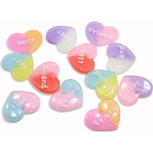 Kawaii Gradient Colors Best Friend Printed Love Heart Resin Flat Back Cabochons For Hair Bow Centers DIY Scrapbooking